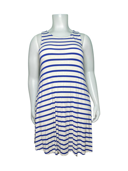 White and Blue Horizontal Striped Sleeveless Dress