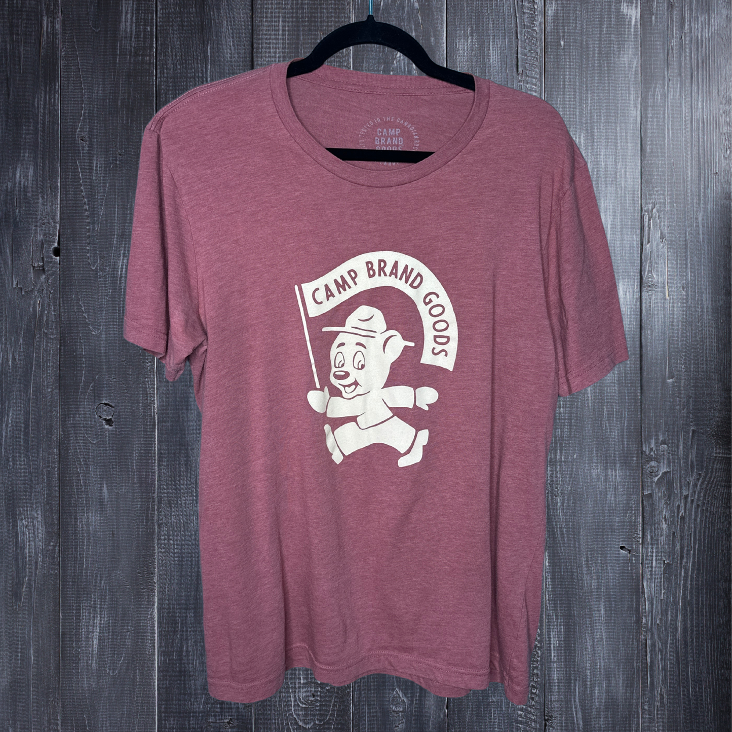 Burgundy Short Sleeved "Camp Brand Goods" Graphic T-Shirts