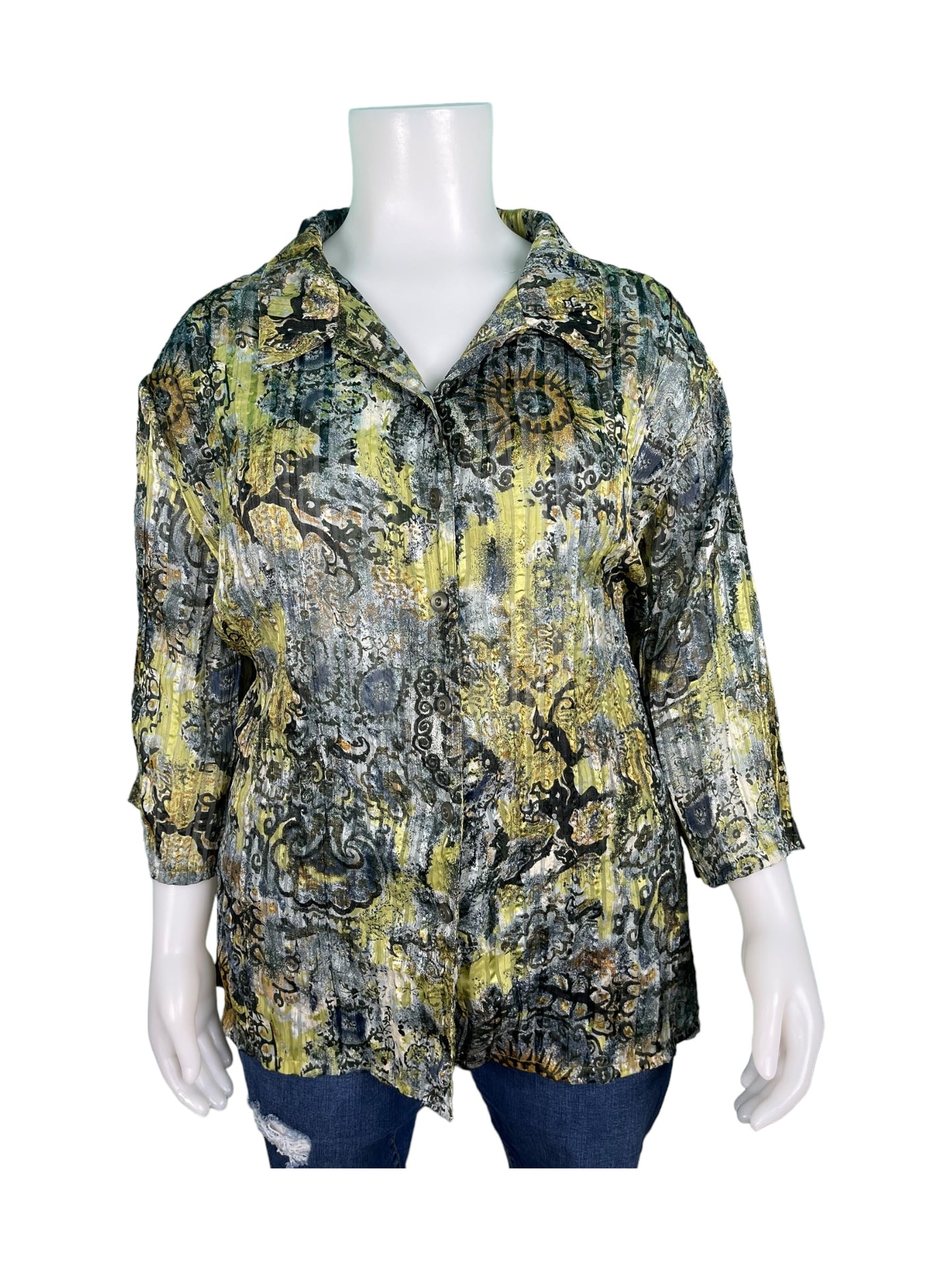 Yellow and Black Patterned 3/4 Sleeve Button Up Blouse