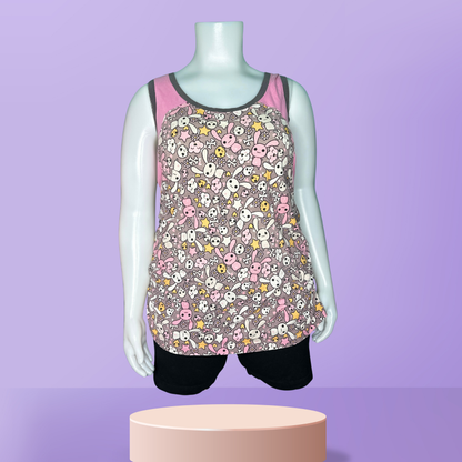 Grey, Pink, and Yellow Skull, Stars and Bunny Patterned Tank Top