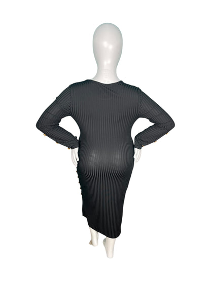 Black Bodycon Long Sleeved Dress w/ Brown Buttons