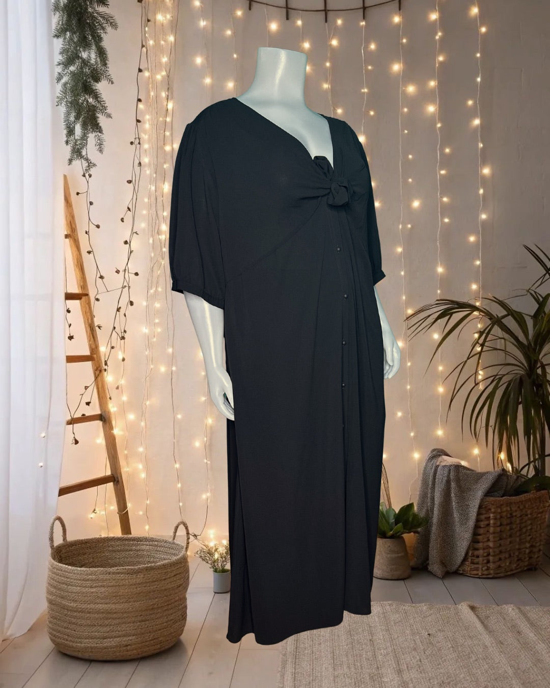 Black Tie Front w/ Button Details Maxi Dress