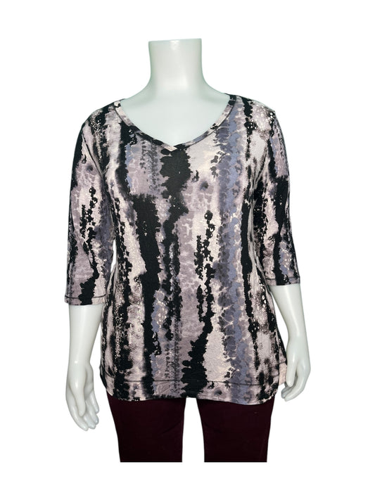 Blueish Grey, Black & Pink Abstract  3/4 Sleeved Patterned Shirt