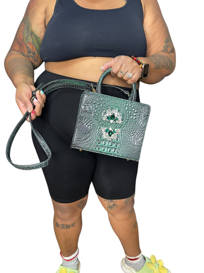 Green Jeweled Alligator Textured Handbag