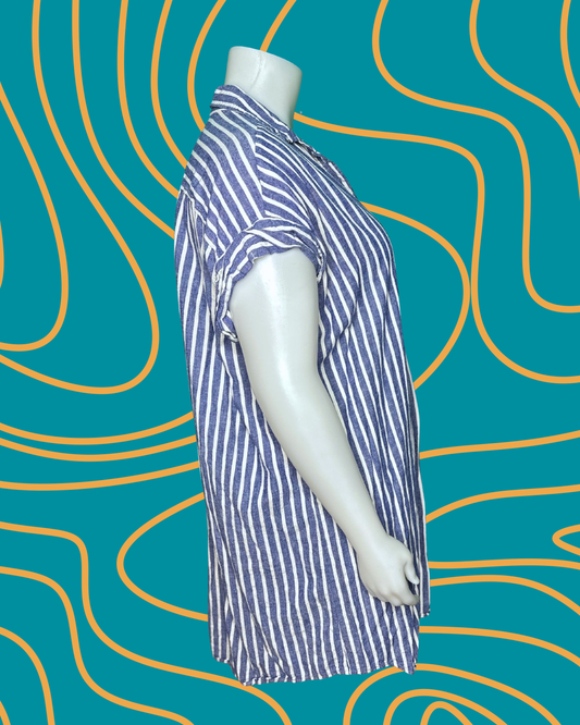 Blue & White Vertical Cap Sleeved Button up  Dress