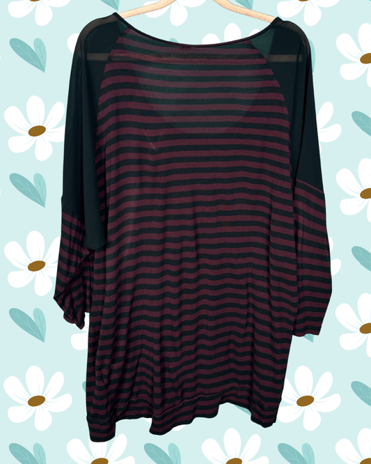 Black & Burgundy 3/4 Sheer Shoulder Top