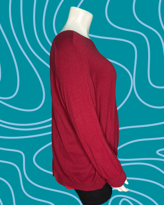 Red Long Sleeved Knit w/ Sheer V Detailed Sweater