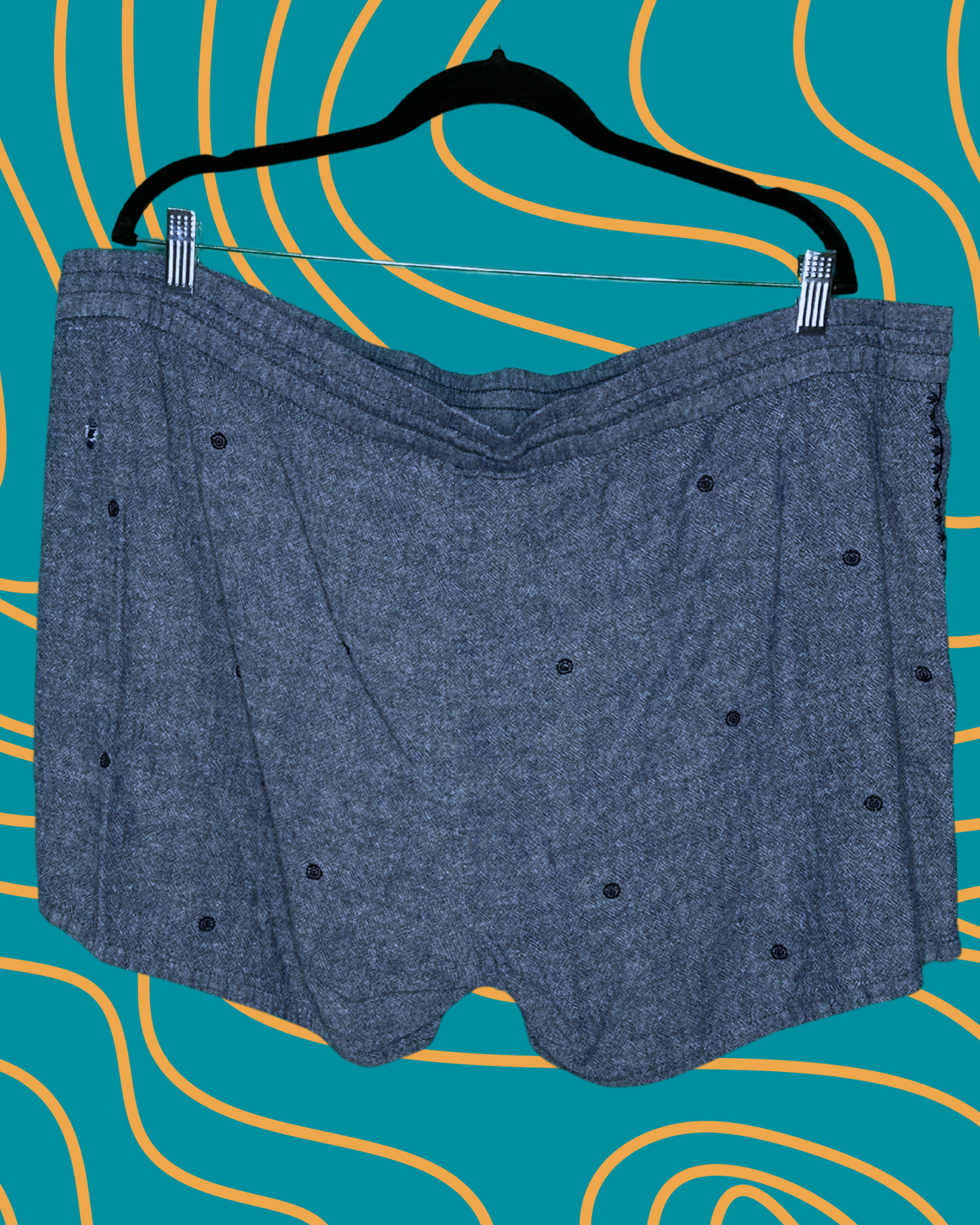 Blue w/ Navy Blue Embroidery Patterned Shorts