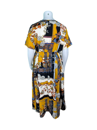 Yellow, White & Brown Floral Short Sleeve Maxi Dress