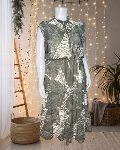 Olive Green & White Cap Ruffle Sleeves