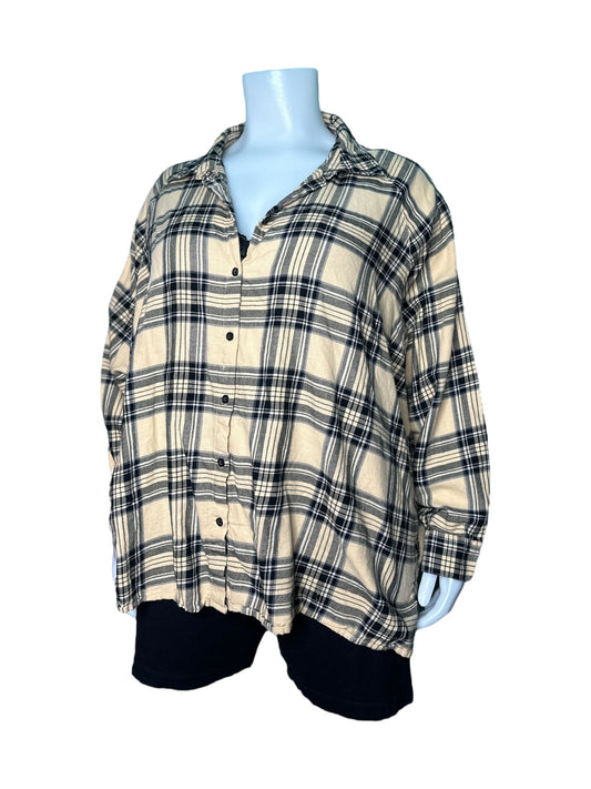 Beige & Black Long Sleeved Plaid Shirt