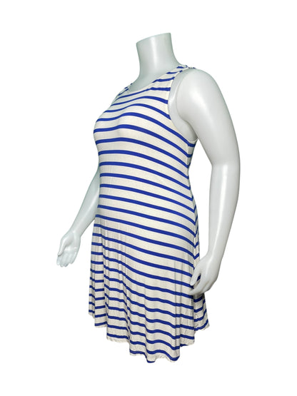 White and Blue Horizontal Striped Sleeveless Dress