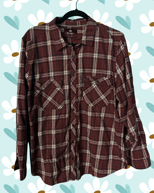 Burgundy and Grey Plaid Long Sleeved Button-up Shirt