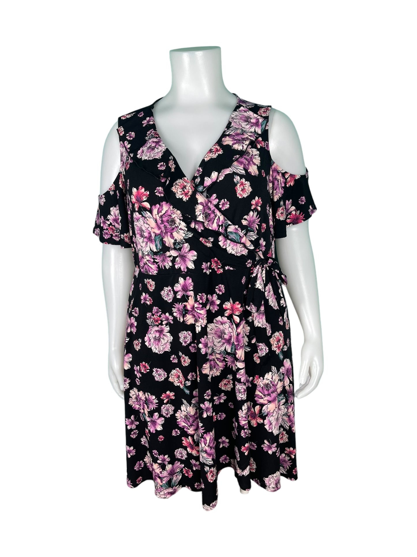 Black w/ Purple Floral Patterned   Cold Shoulder Dress