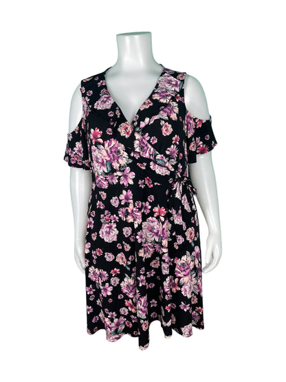 Black w/ Purple Floral Patterned   Cold Shoulder Dress