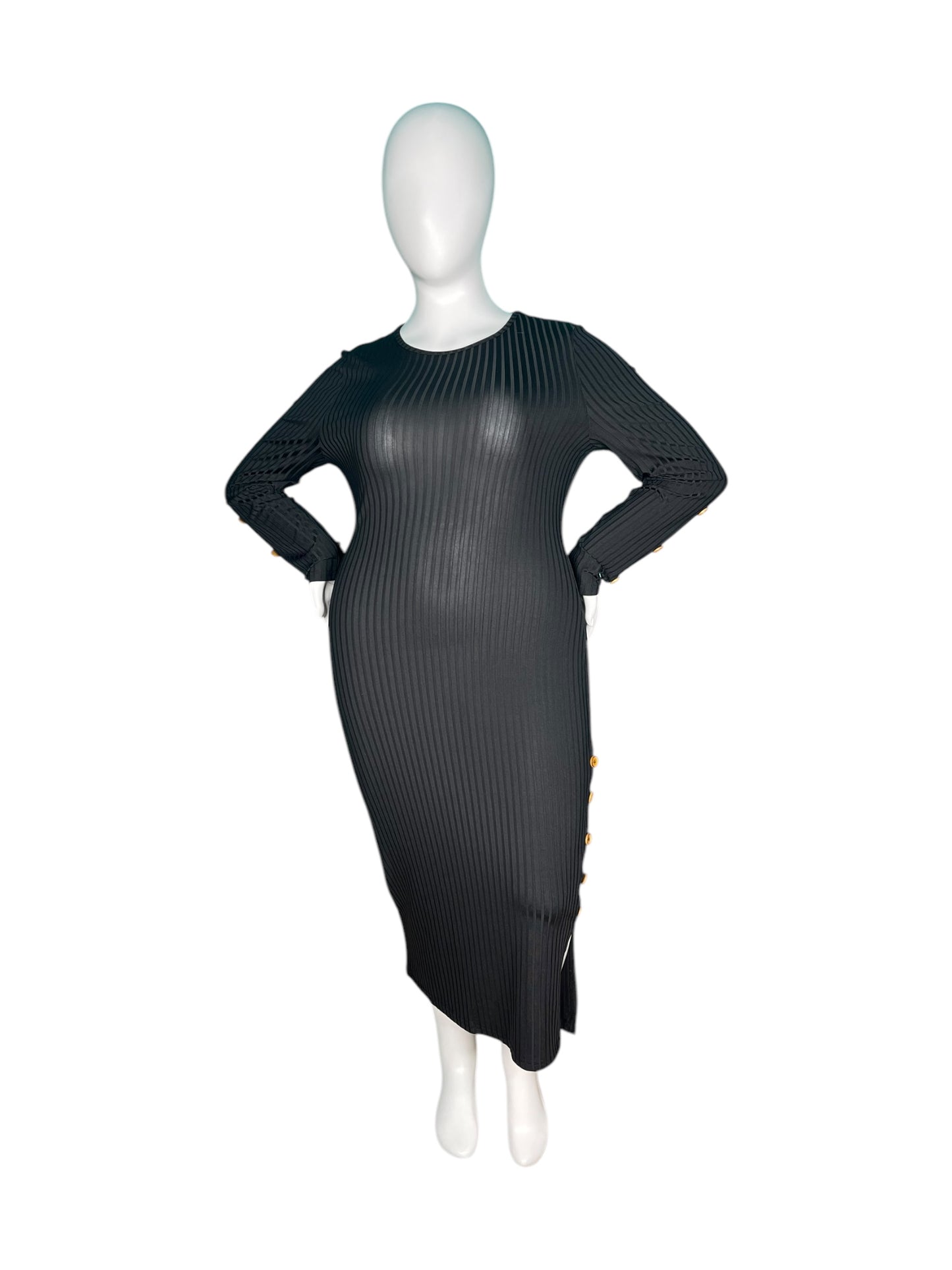 Black Bodycon Long Sleeved Dress w/ Brown Buttons