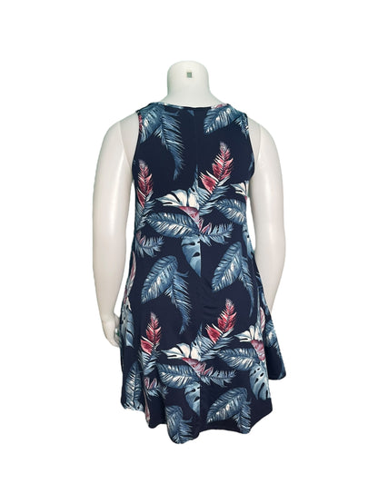 Navy Blue w/ Tropical Patterned Sleeveless Mini Dress