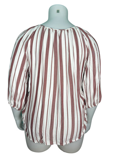 Burgundy and White Stripped  3/4 Sleeve Blouse with Front Tie