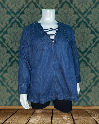 Dark Blue Denim Lace up Neck Shirt
