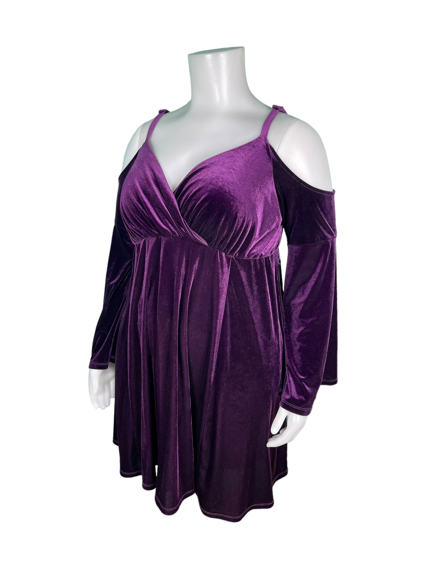 Purple Velvet Cold Shoulder V-Neck Dress