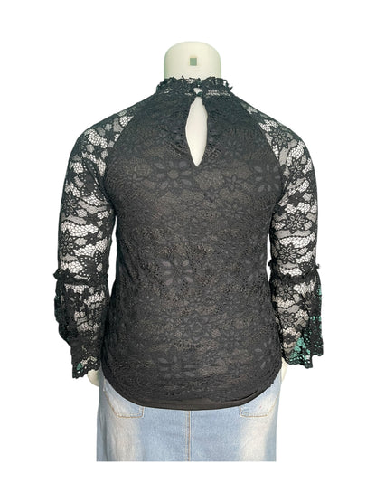 Black Lace Long Sleeved Mock Neck Blouse