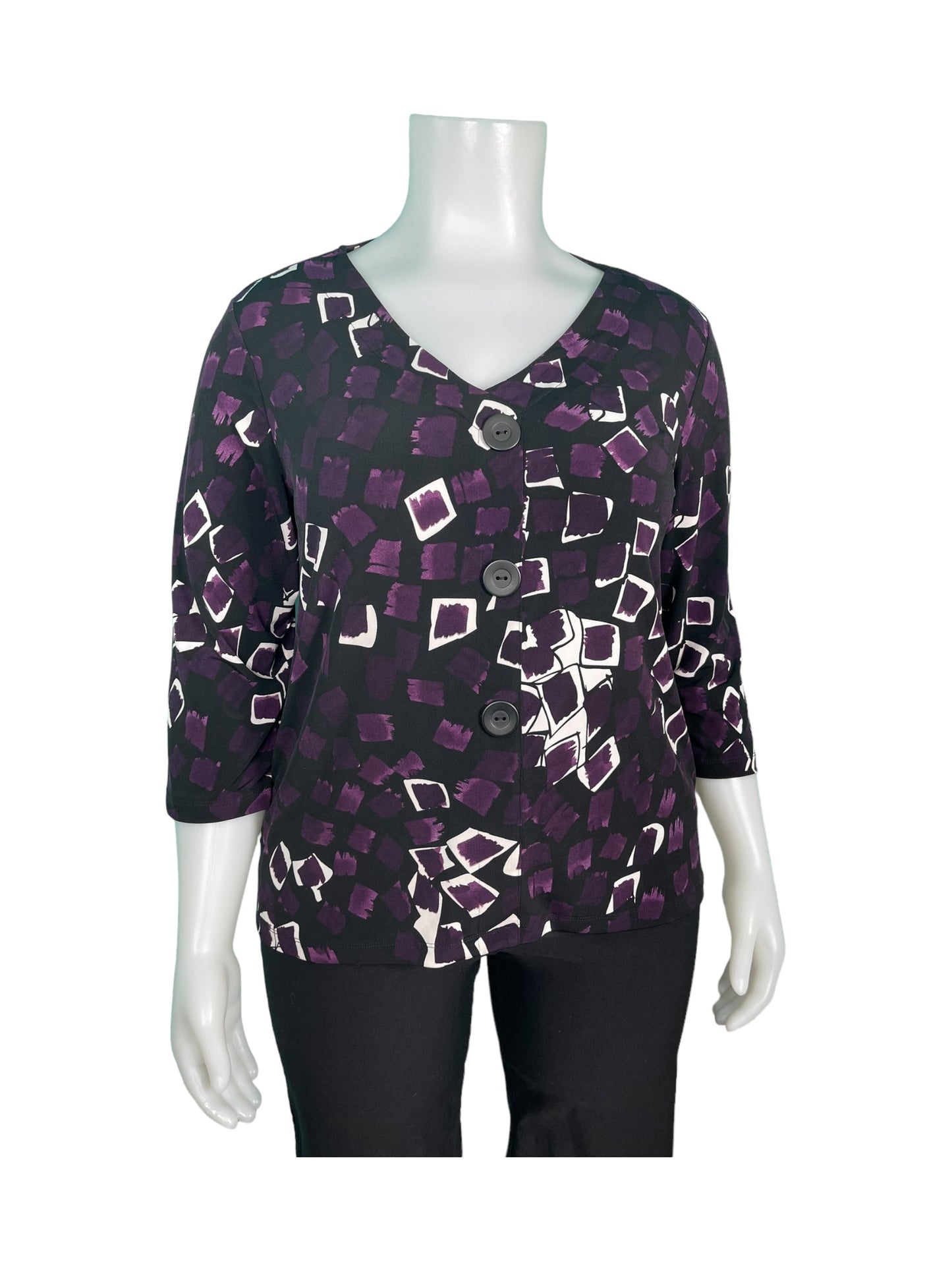 Black, Purple & White 3/4 sleeve  V-Neck Blouse (XXL)