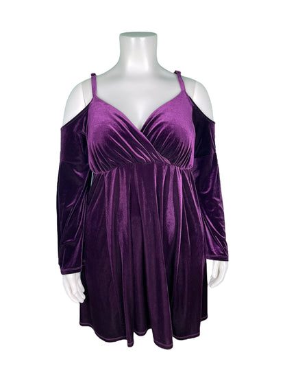 Purple Velvet Cold Shoulder V-Neck Dress