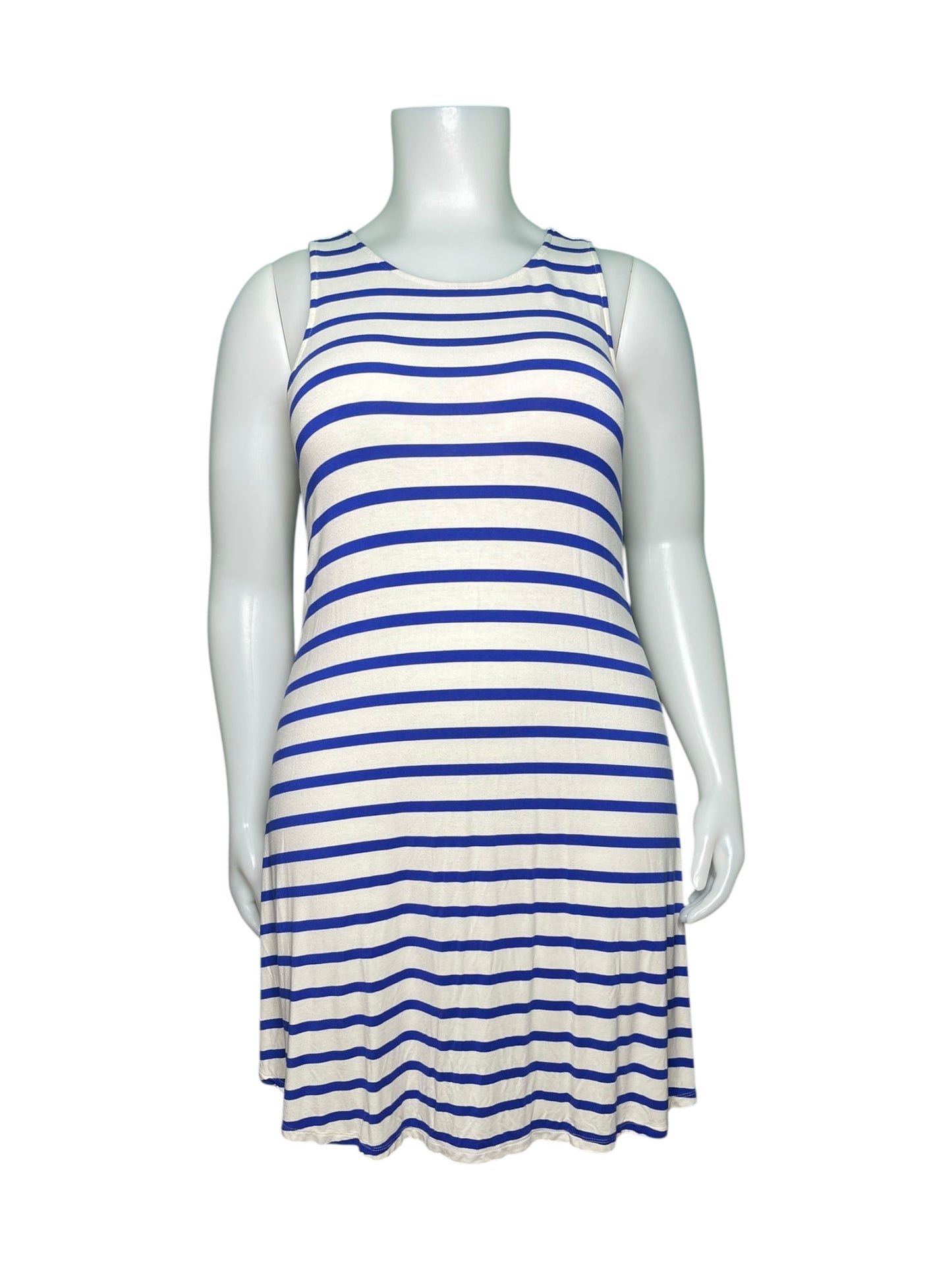 White and Blue Horizontal Striped Sleeveless Dress
