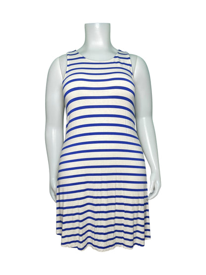 White and Blue Horizontal Striped Sleeveless Dress