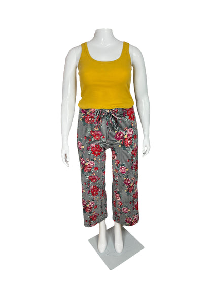 “Hot Kiss” Pink Floral on Black & White Striped Pants (L)