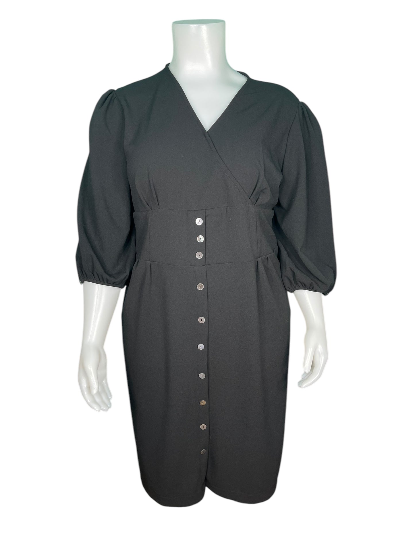 Black 3/4 Puff Sleeved V Neck Dress w/ Button Detail