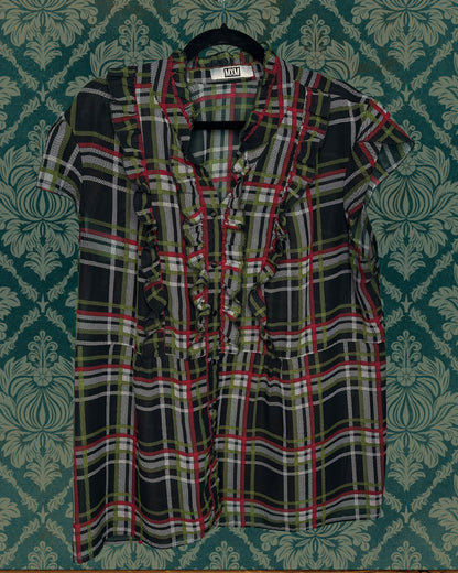 Black, Green, Red & White Plaid Cap Sleeved Blouse
