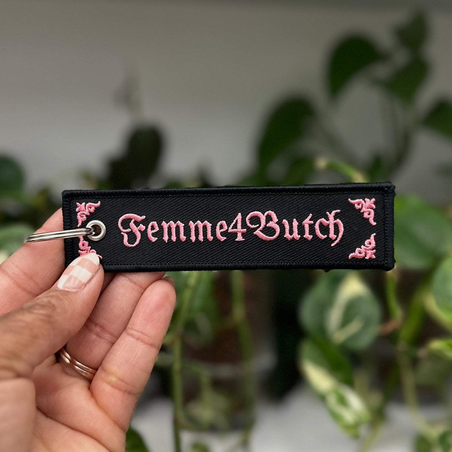 Pink and Black Embroidered Femme4Butch Keychain with Sliver Keyring