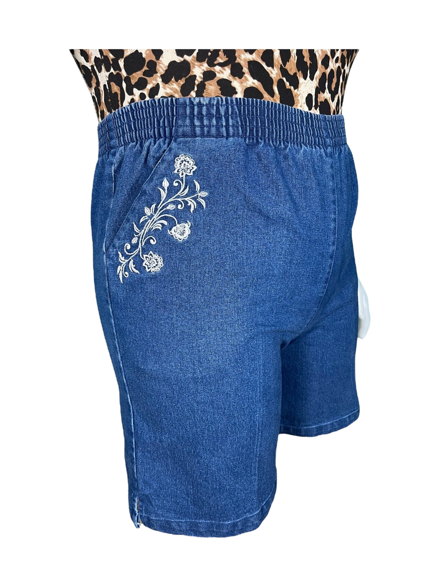 Vintage Blue Denim  Shorts w/ White Embroidered  Floral on the Pockets