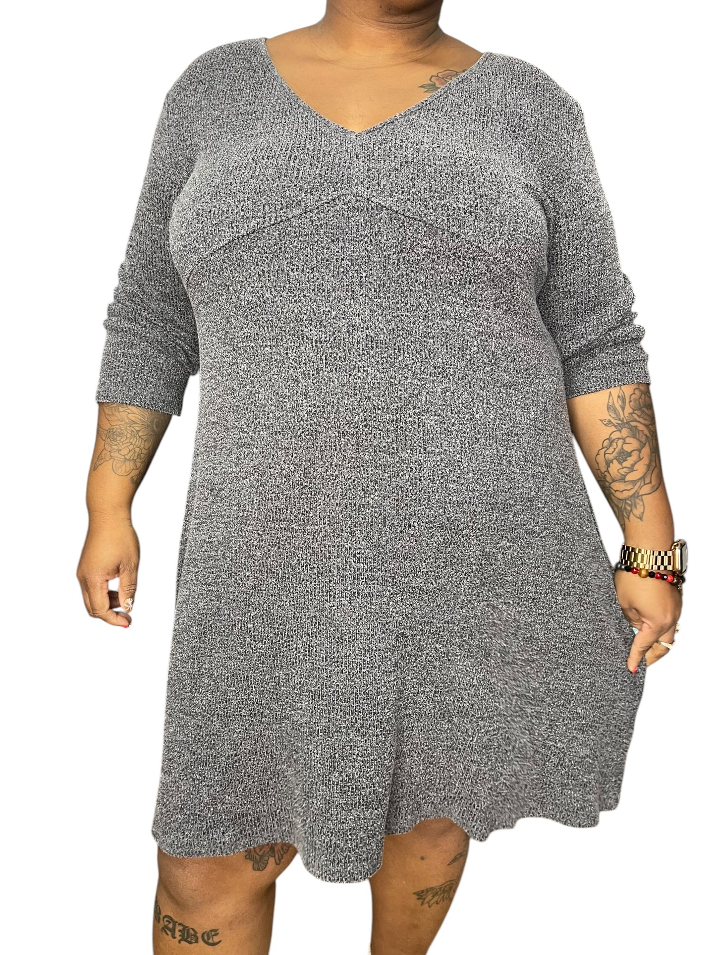 Light Grey V Neck Long Sleeve Shift Dress