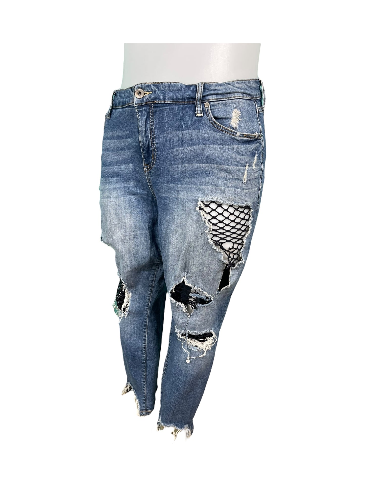 Blue Distressed  Denim Jeans with Fishnet Details (20)