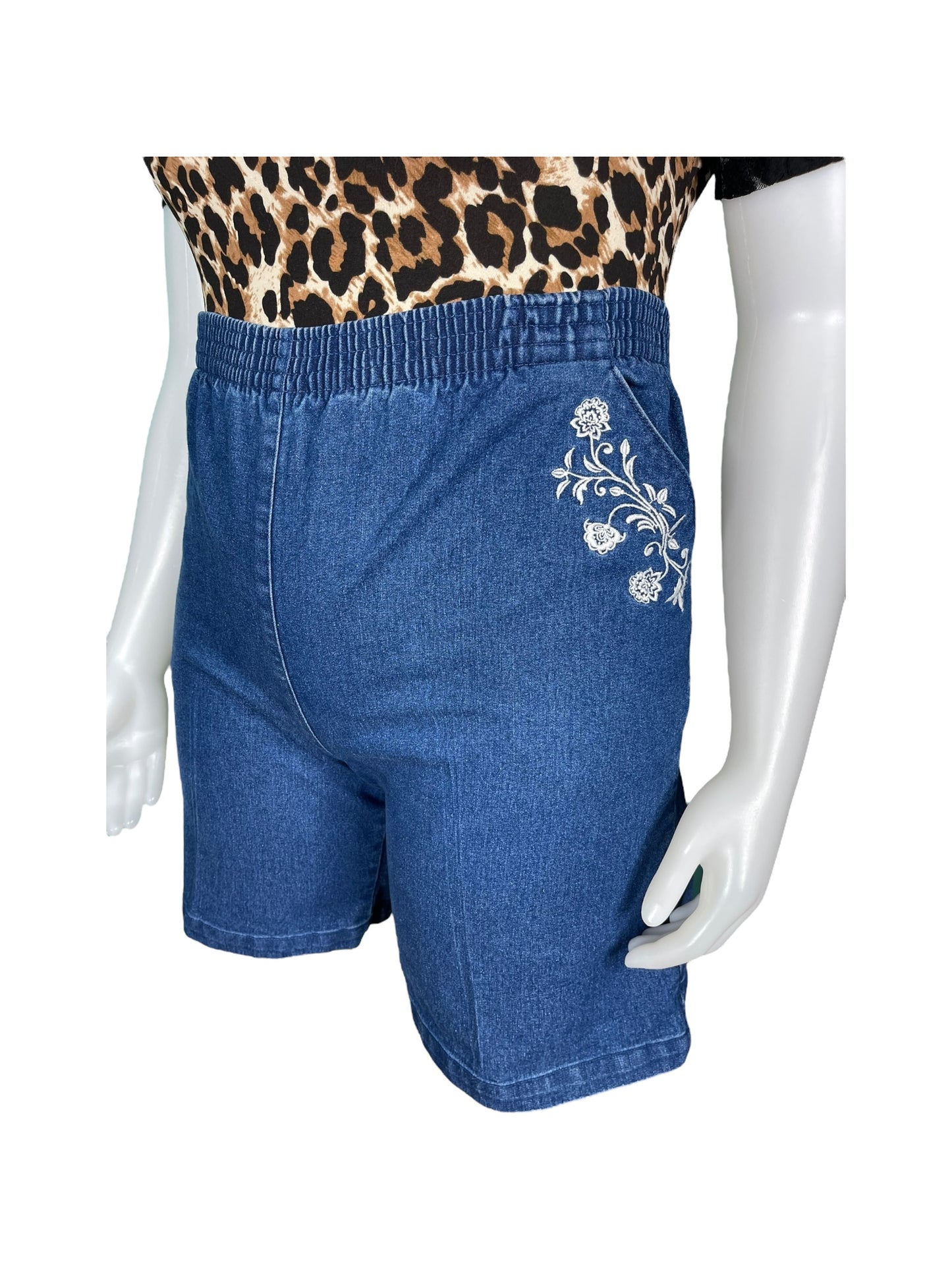 Vintage Blue Denim  Shorts w/ White Embroidered  Floral on the Pockets