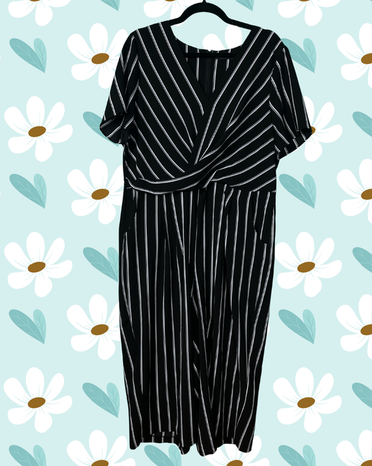 Black with White Pin Stripes Short Sleeved Jumpsuit