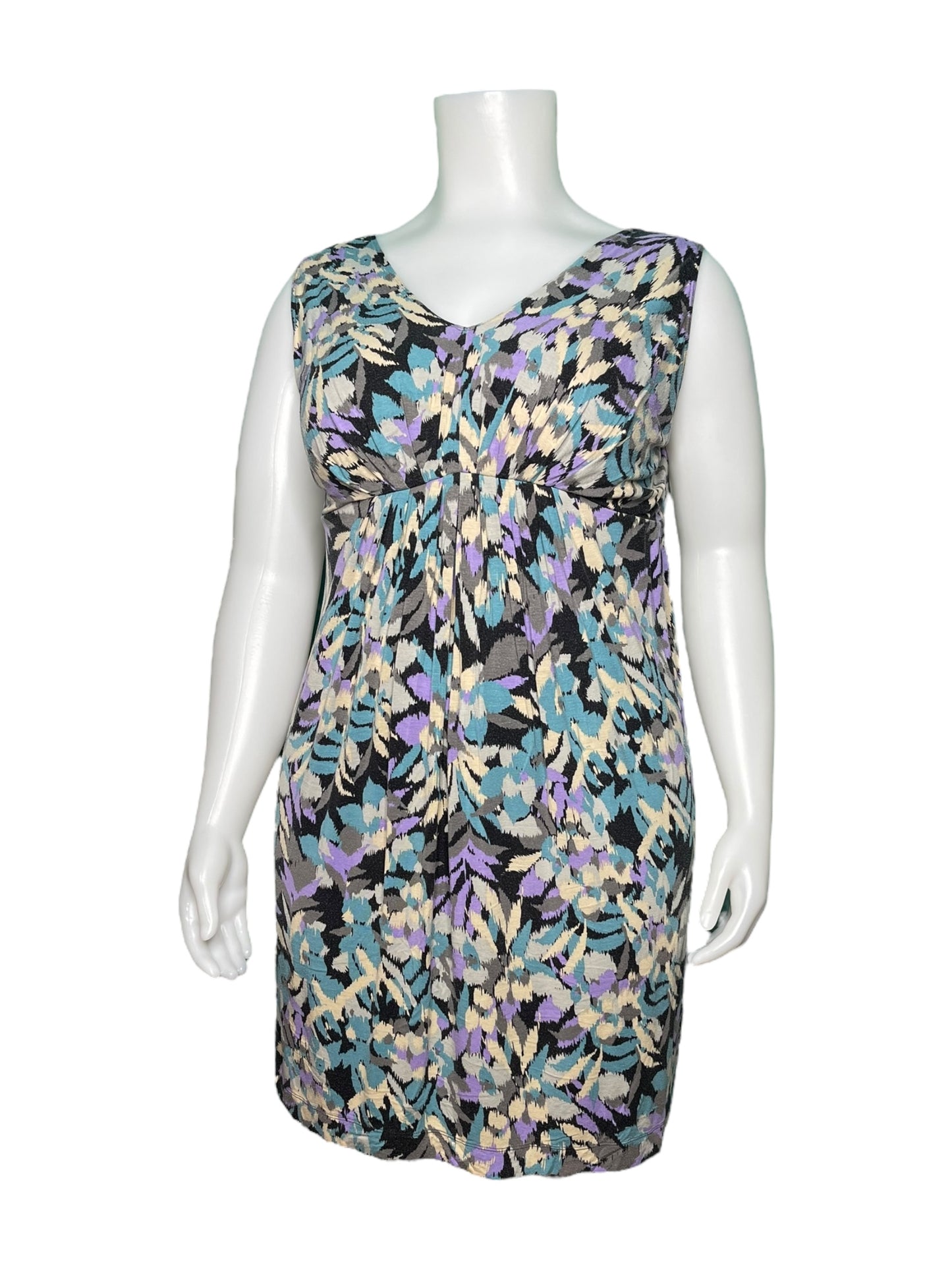 Black, Purple, and Cream Abstract Patterned Sleeveless Knee length Dress