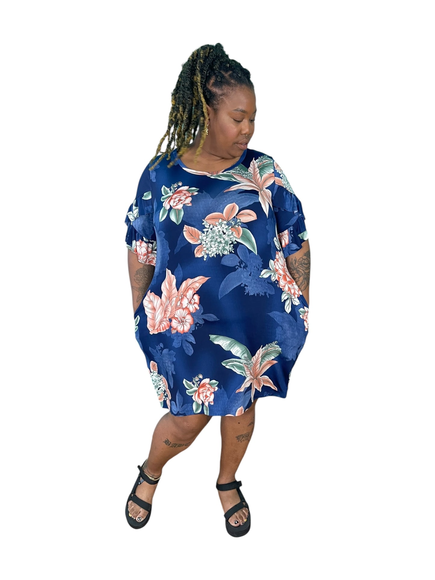 Blue w/ Pink Floral Shift Dress w/ Ruffle Sleeves (3X)