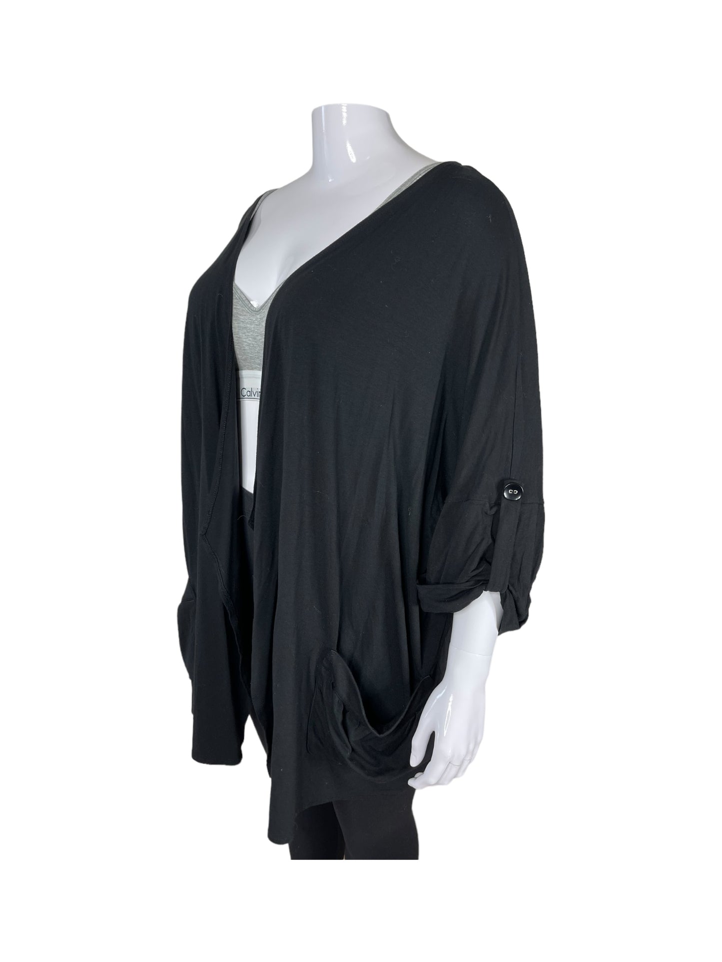 Black 3/4 Sleeve Open Cardigan with Pockets