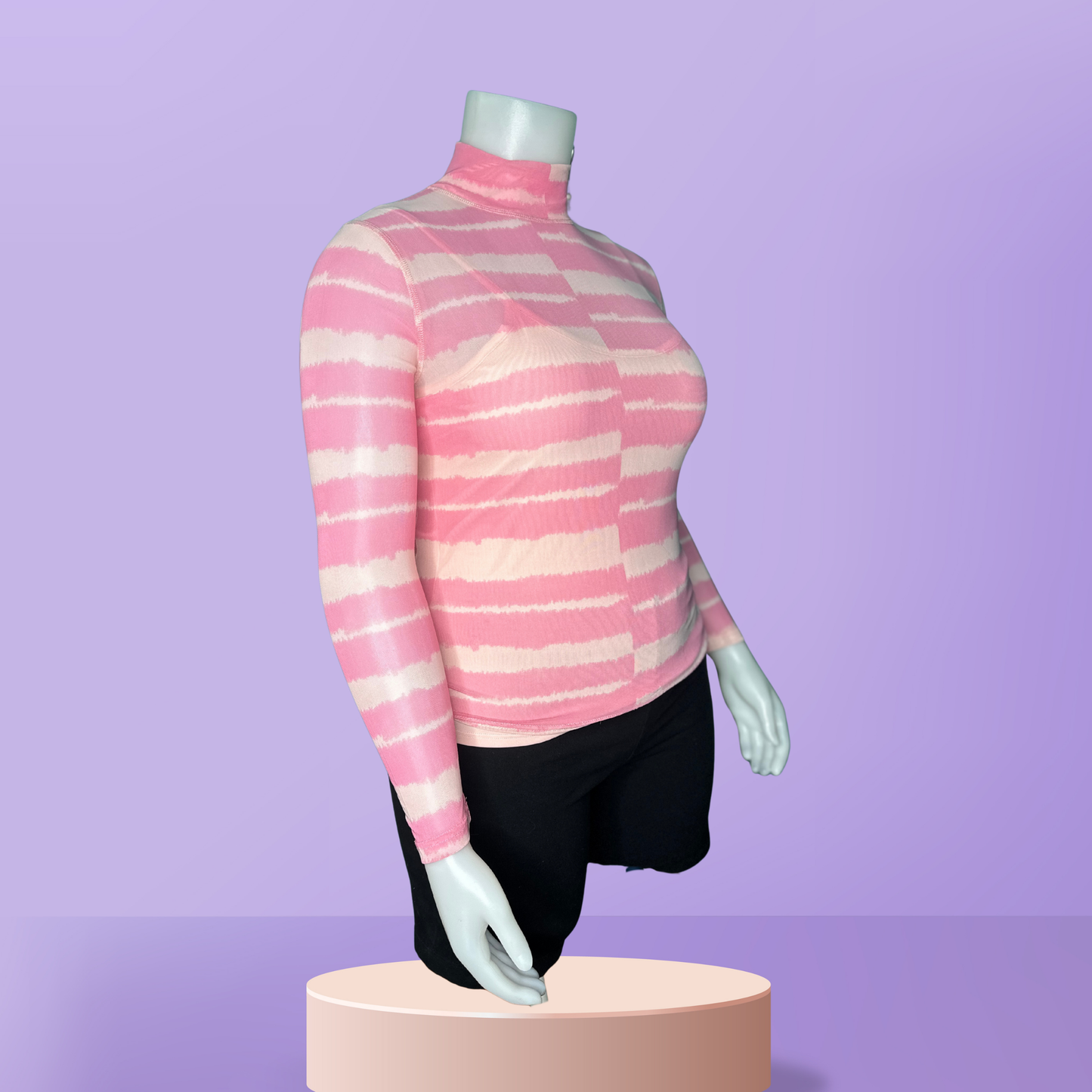 Pink Long sleeved Sheer Turtleneck Shirt