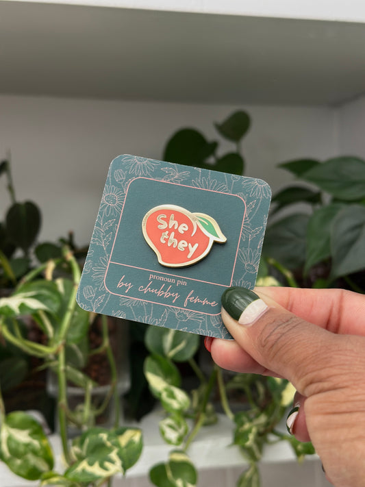 She/They Chubby Peach Pronoun Pin