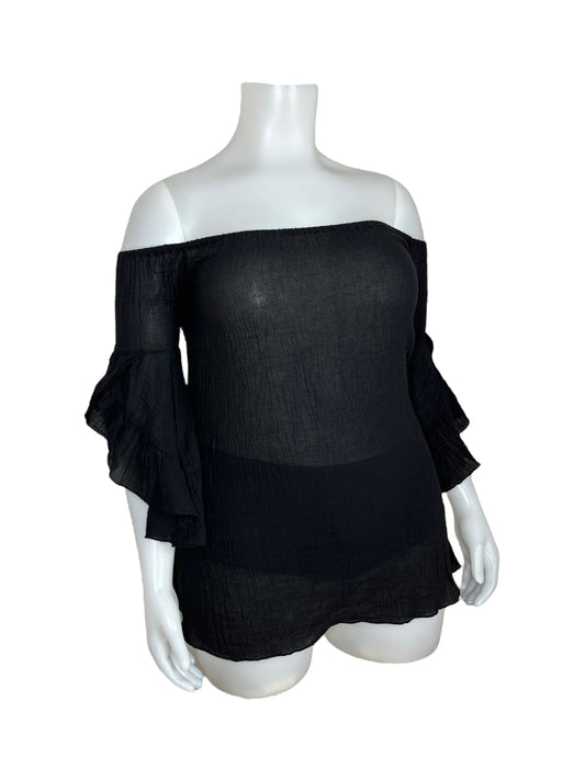 “Elan” Black Off-the-Shoulder Frilly Top