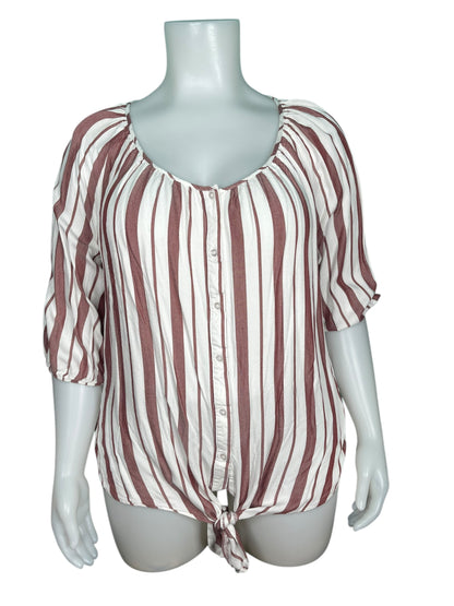 Burgundy and White Stripped  3/4 Sleeve Blouse with Front Tie