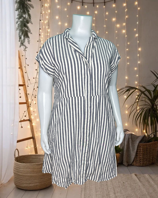 Light Denim & White Vertical Striped Cap Sleeved Button up Dress