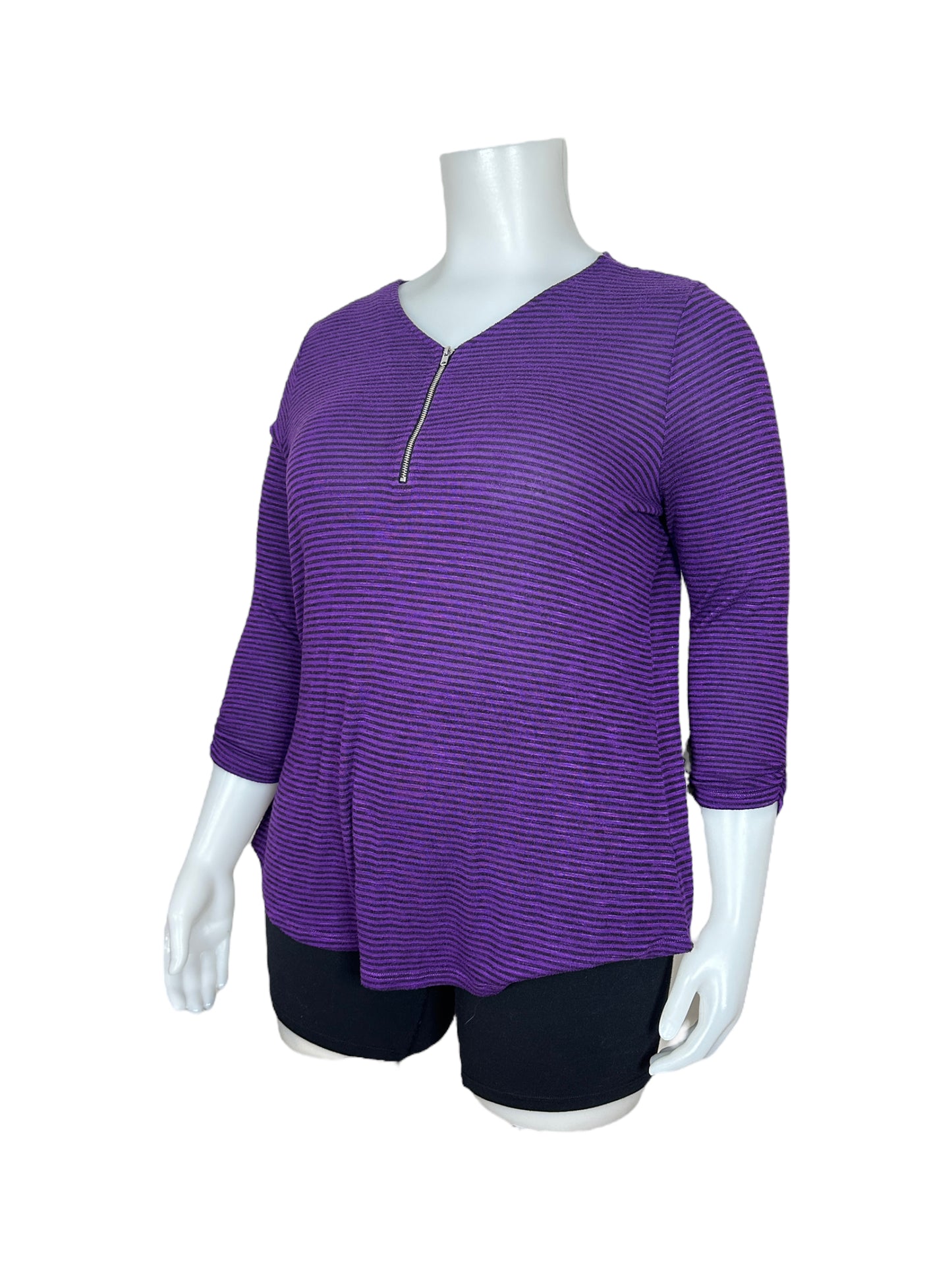 Purple Striped 3/4 Sleeve Top w/ Zipper Collar