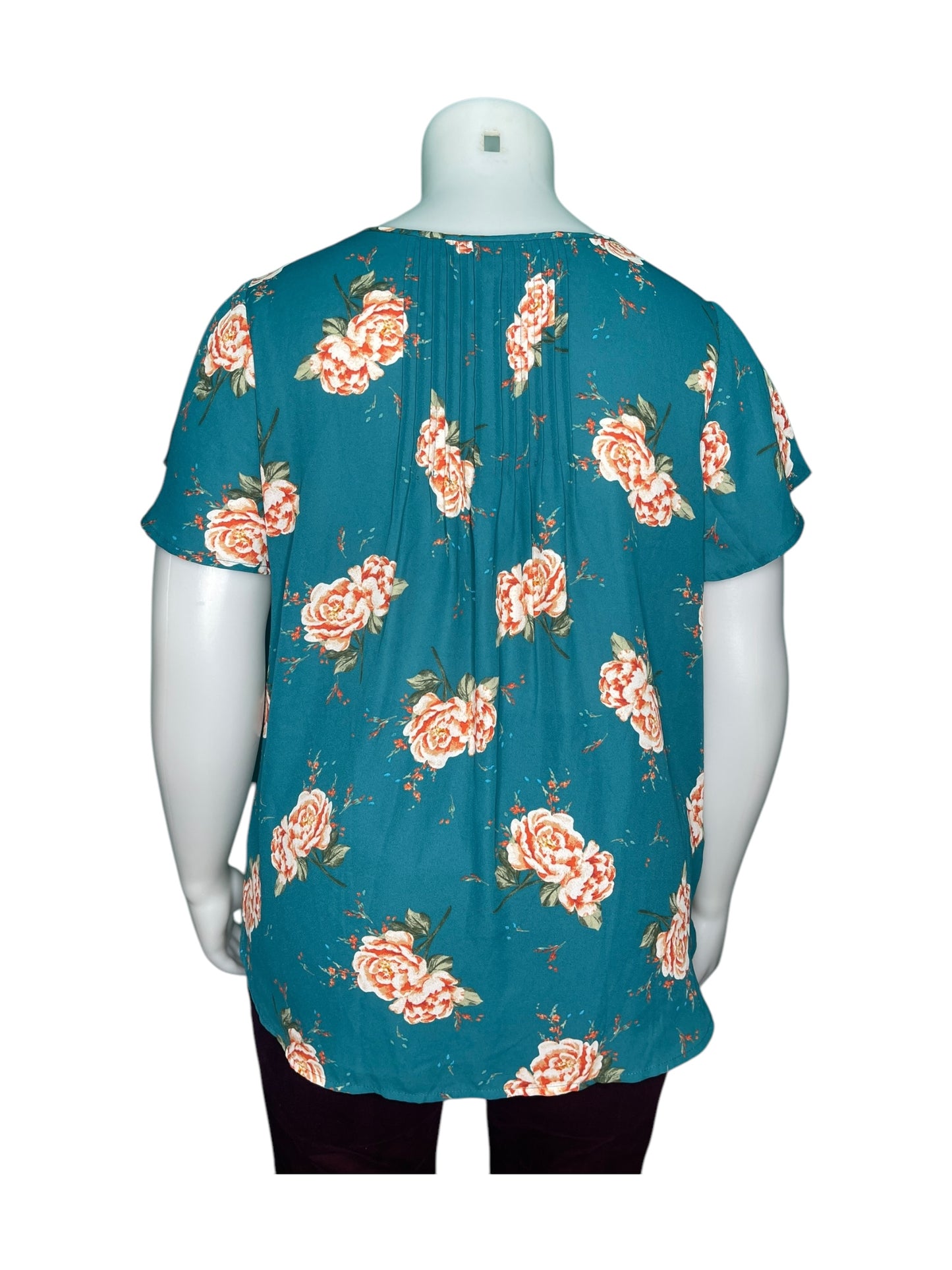 Teal W/ Orange Rose Cap-sleeved Blouse