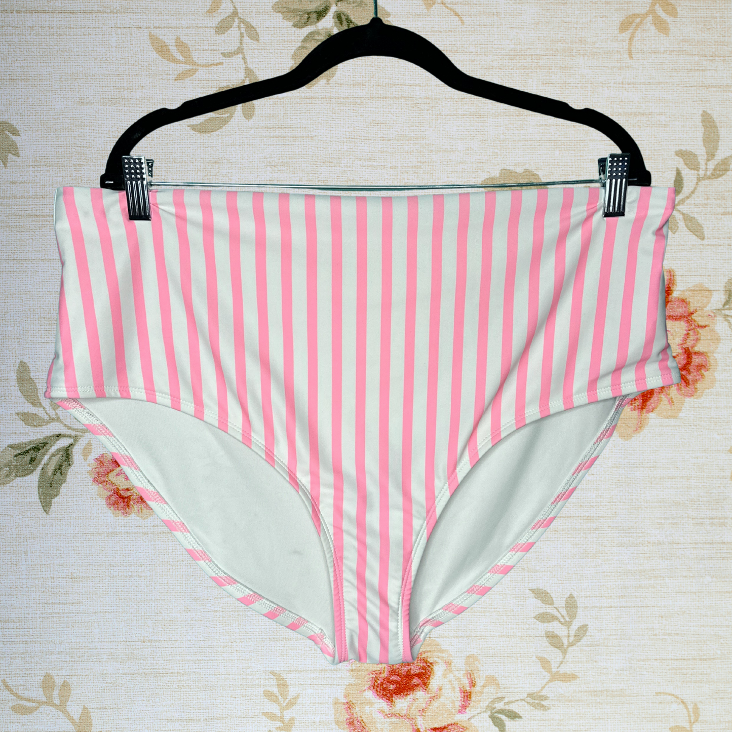Pink and White High Waisted Vertical Striped Bikini Bottom