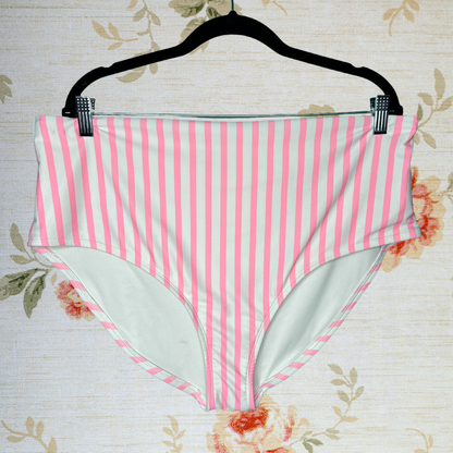 Pink and White High Waisted Vertical Striped Bikini Bottom